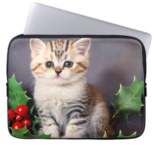 Vintage Christmas Kitten and Holly Laptop Sleeve