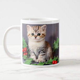 Vintage Christmas Kitten and Holly Large Coffee Mug