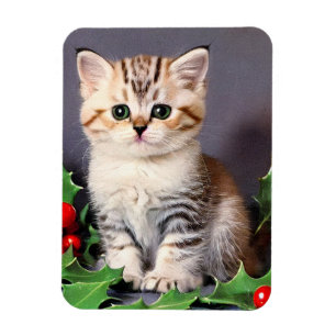 Vintage Christmas Kitten and Holly Magnet