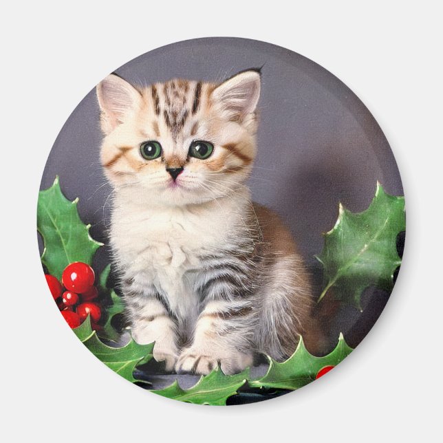 Vintage Christmas Kitten and Holly Magnet (Front)