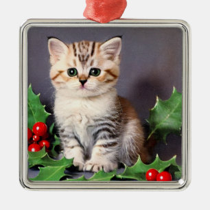 Vintage Christmas Kitten and Holly Metal Ornament