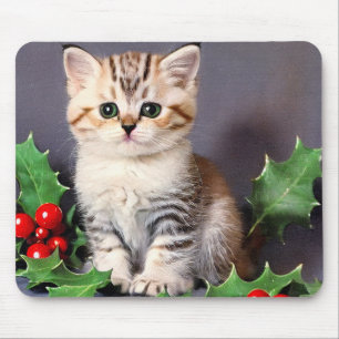 Vintage Christmas Kitten and Holly Mouse Pad
