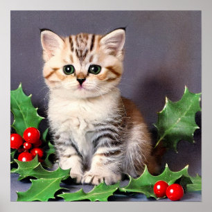 Vintage Christmas Kitten and Holly Poster