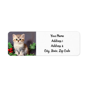Vintage Christmas Kitten and Holly Return Address Label