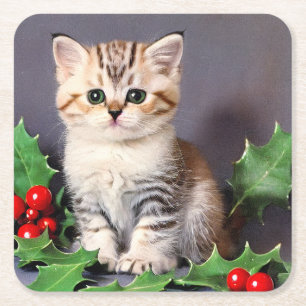 Vintage Christmas Kitten and Holly Square Paper Coaster