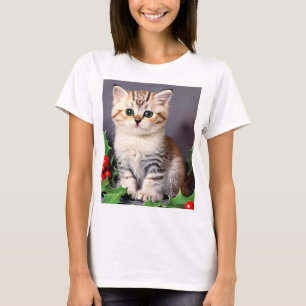 Vintage Christmas Kitten and Holly T-Shirt