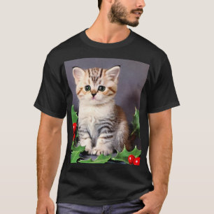 Vintage Christmas Kitten and Holly T-Shirt