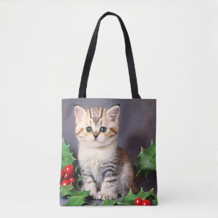 Vintage Christmas Kitten and Holly Tote Bag