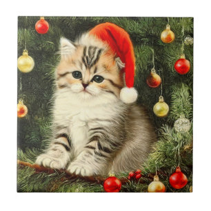 Vintage Christmas Kitten Ceramic Tile