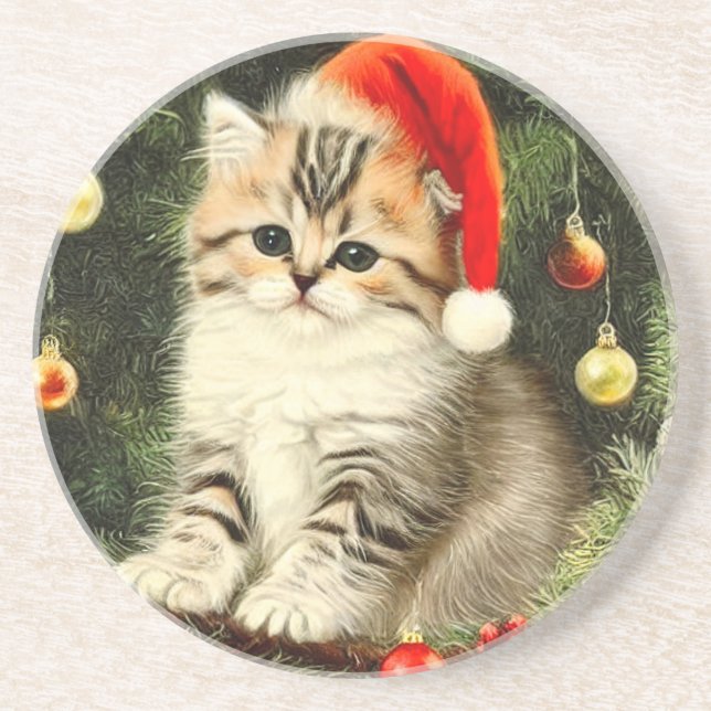 Vintage Christmas Kitten Coaster (Front)