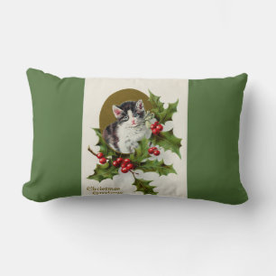 Vintage Christmas Kitten Green Lumbar Pillow