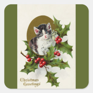 Vintage Christmas Kitten Green Square Sticker