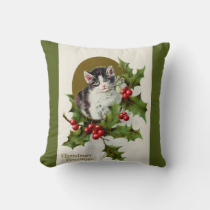 Vintage Christmas Kitten Green Throw Pillow