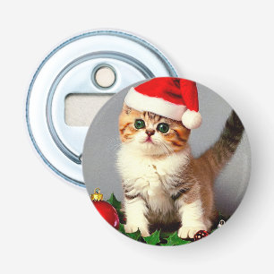 Vintage Christmas Kitten in Santa Hat Bottle Opener