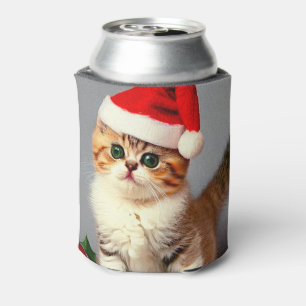 Vintage Christmas Kitten in Santa Hat Can Cooler