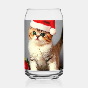 Vintage Christmas Kitten in Santa Hat Can Glass