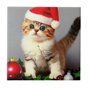 Vintage Christmas Kitten in Santa Hat Ceramic Tile