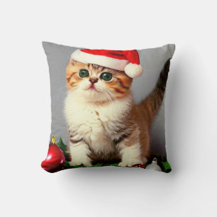 Vintage Christmas Kitten in Santa Hat Cushion