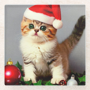 Vintage Christmas Kitten in Santa Hat Glass Coaster