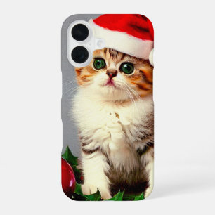 Vintage Christmas Kitten in Santa Hat iPhone 16 Case