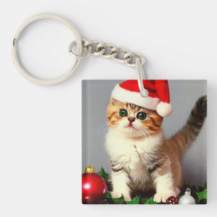 Vintage Christmas Kitten in Santa Hat Key Ring