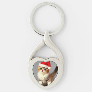 Vintage Christmas Kitten in Santa Hat Key Ring