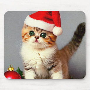 Vintage Christmas Kitten in Santa Hat Mouse Pad