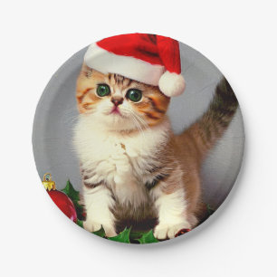 Vintage Christmas Kitten in Santa Hat Paper Plate