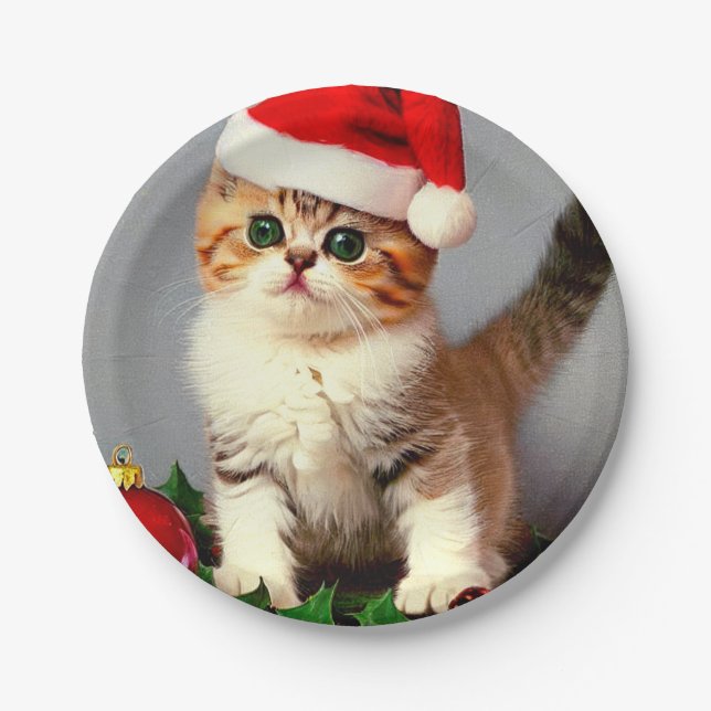 Vintage Christmas Kitten in Santa Hat Paper Plate (Front)