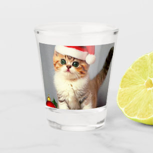Vintage Christmas Kitten in Santa Hat Shot Glass