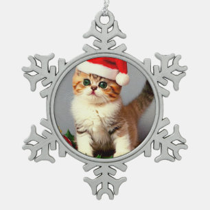 Vintage Christmas Kitten in Santa Hat Snowflake Pewter Christmas Ornament