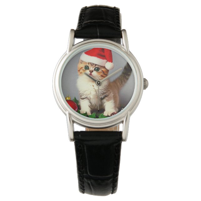 Vintage Christmas Kitten in Santa Hat Watch (Front)