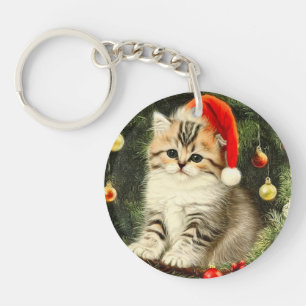Vintage Christmas Kitten Key Ring