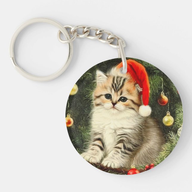 Vintage Christmas Kitten Key Ring (Front)