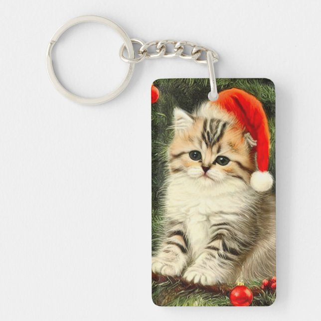 Vintage Christmas Kitten Key Ring (Front)
