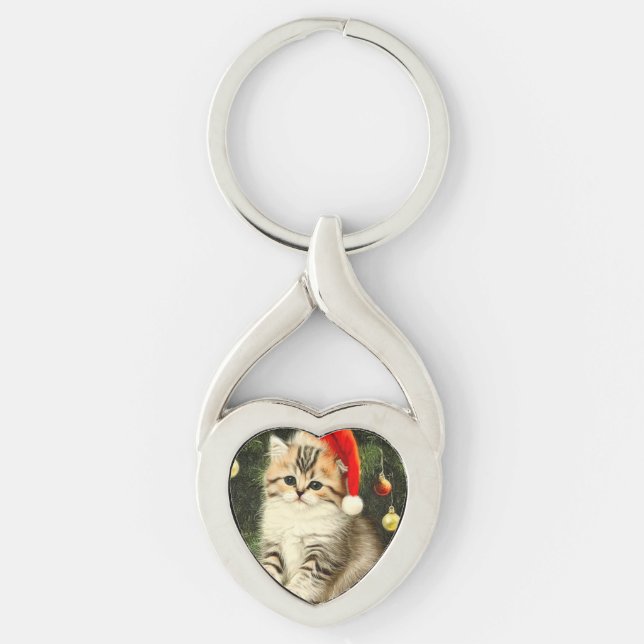 Vintage Christmas Kitten Key Ring (Front)