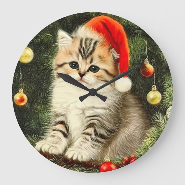 Vintage Christmas Kitten Large Clock (Front)