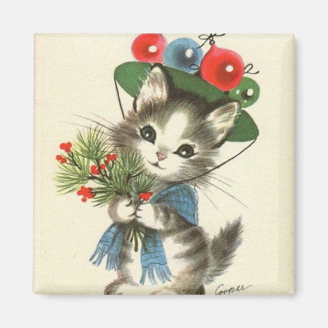Vintage Christmas Kitten Magnet (Front)
