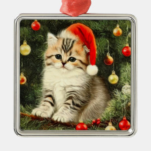 Vintage Christmas Kitten Metal Ornament