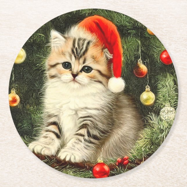 Vintage Christmas Kitten Round Paper Coaster (Front)