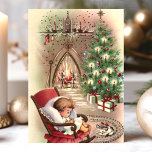 Vintage Christmas Kitten Sleeping Baby Fireplace Holiday Card<br><div class="desc">Vintage Christmas Kitten Sleeping Baby Fireplace Holiday Card. This design features a sleeping kitten and baby in front of a fireplace and Christmas tree. What a beautiful retro holiday scene. Personalise this custom design with your own inside greeting.</div>