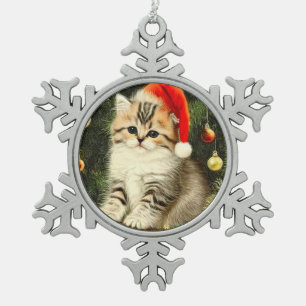 Vintage Christmas Kitten Snowflake Pewter Christmas Ornament