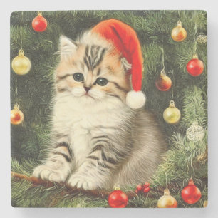 Vintage Christmas Kitten Stone Coaster