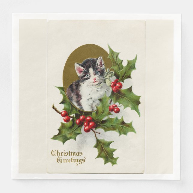 Vintage Christmas Kitten White Napkin (Front)