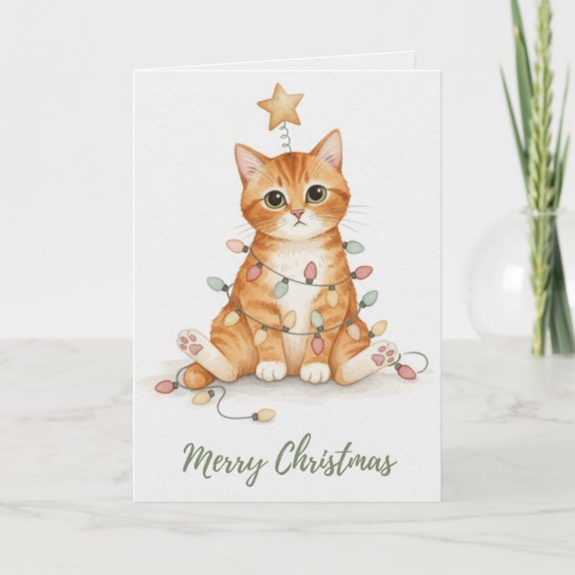 Vintage Christmas Kitten with Holiday Lights Card (Front)