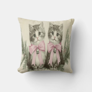 Vintage Christmas Kittens with Pink Bows Cushion