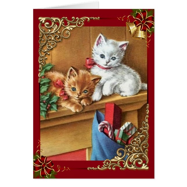Vintage Christmas Kitties On Mantle (Front)