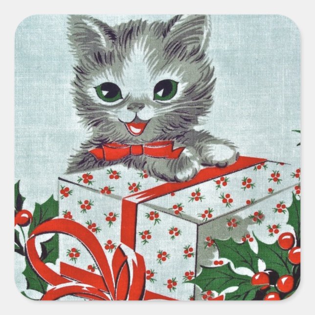 Vintage Christmas Kitty Cat With Gift Square Sticker (Front)