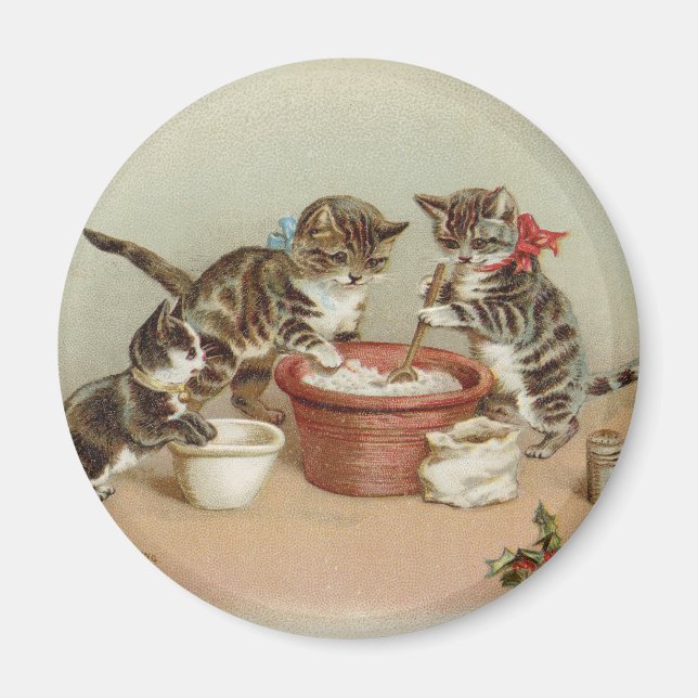Vintage Christmas Kitty Cats Making Pudding Magnet (Front)
