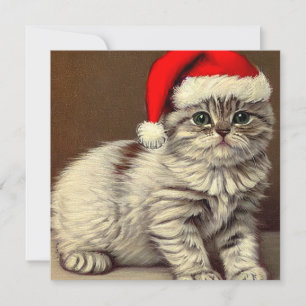 Vintage Christmas Kitty Wearing Santa Hat Holiday Card